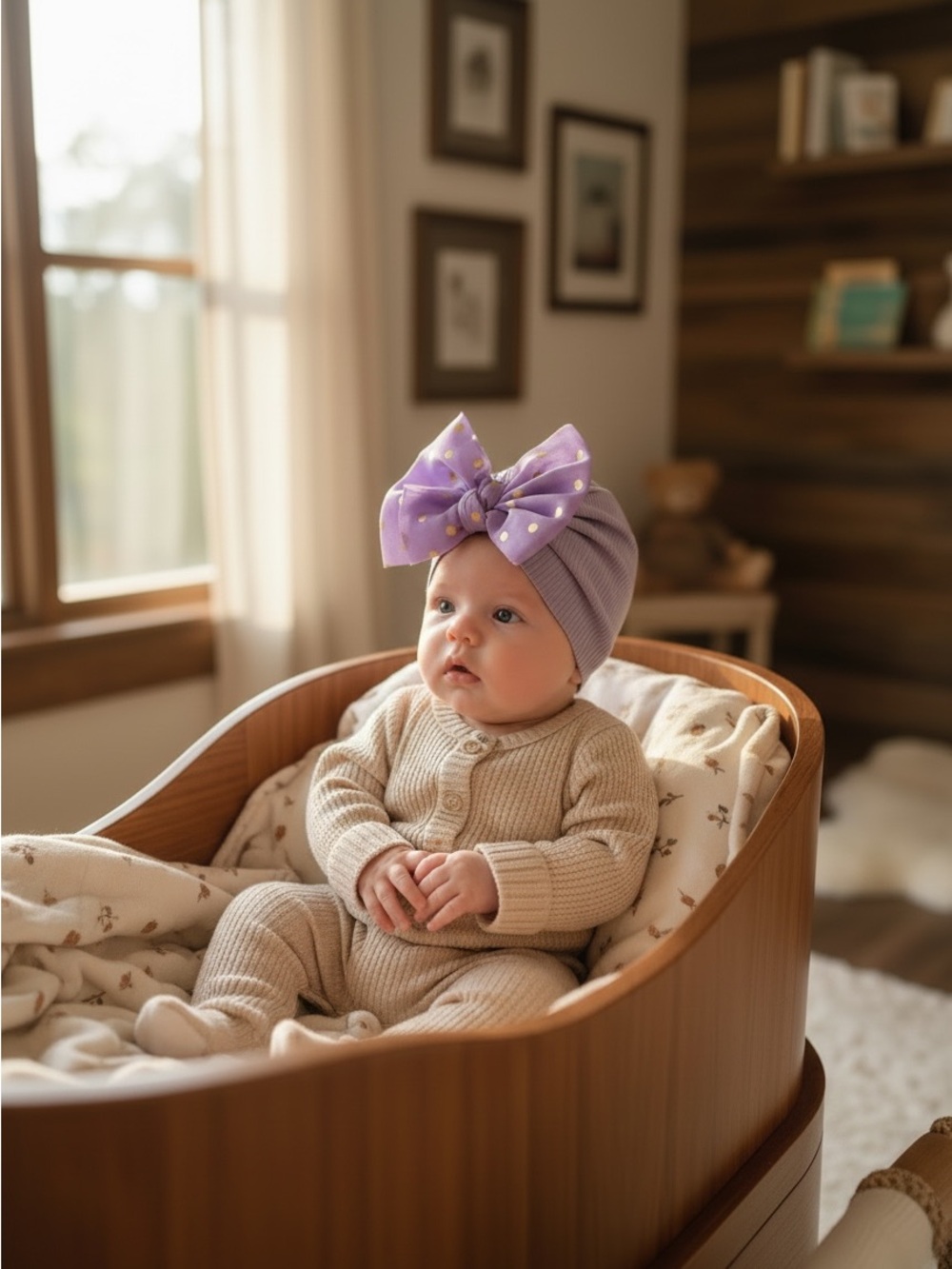 Handmade Lavender Ribbed Baby Turban Hat with Gold Polka Dot Bow NWT